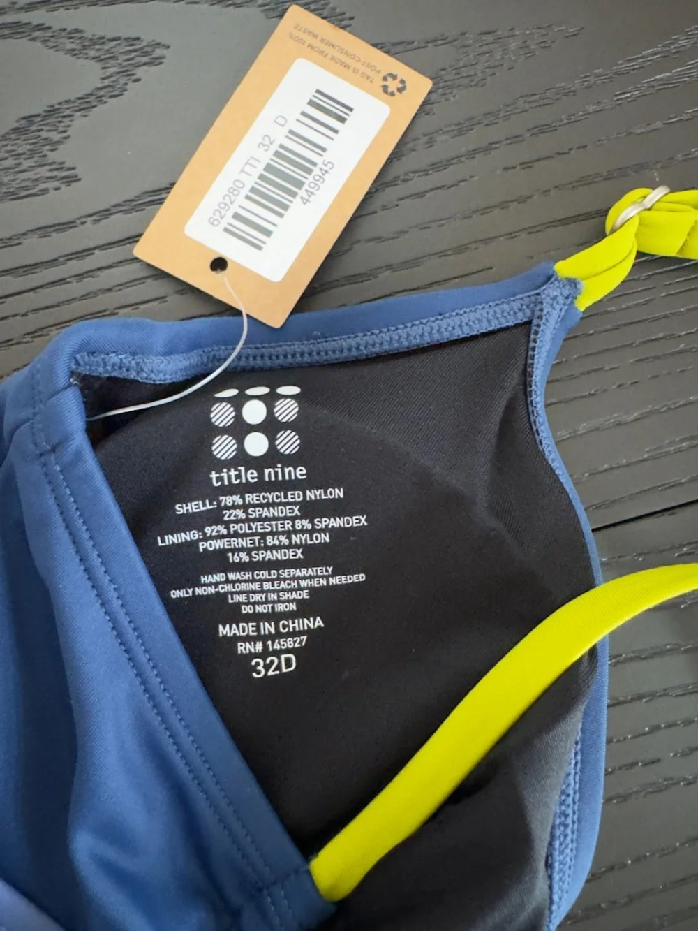 NWT Title Nine Tidal Rave Underwire Bikini Top 32D Blue Lime